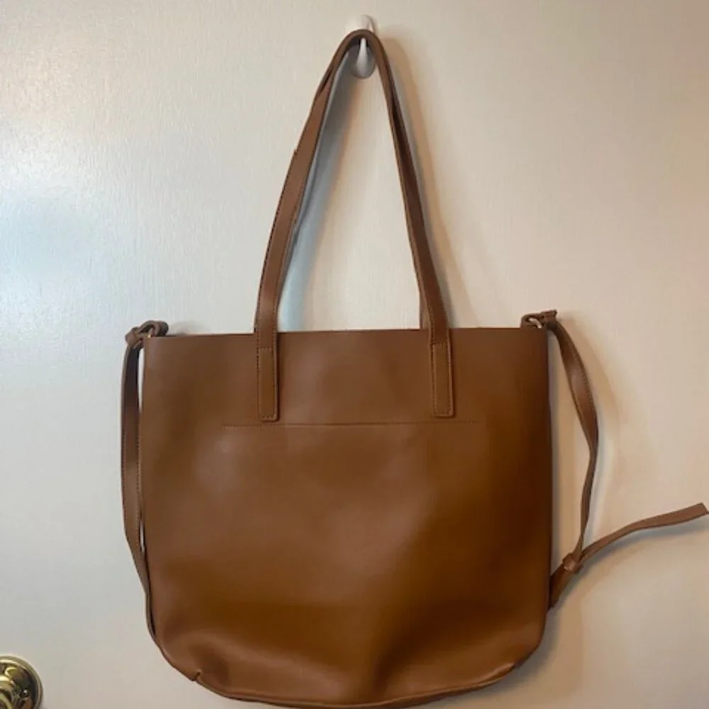 HENNY + LEV Cognac Brown Vegan Leather Everyday Tote Purse Bag Crossbody